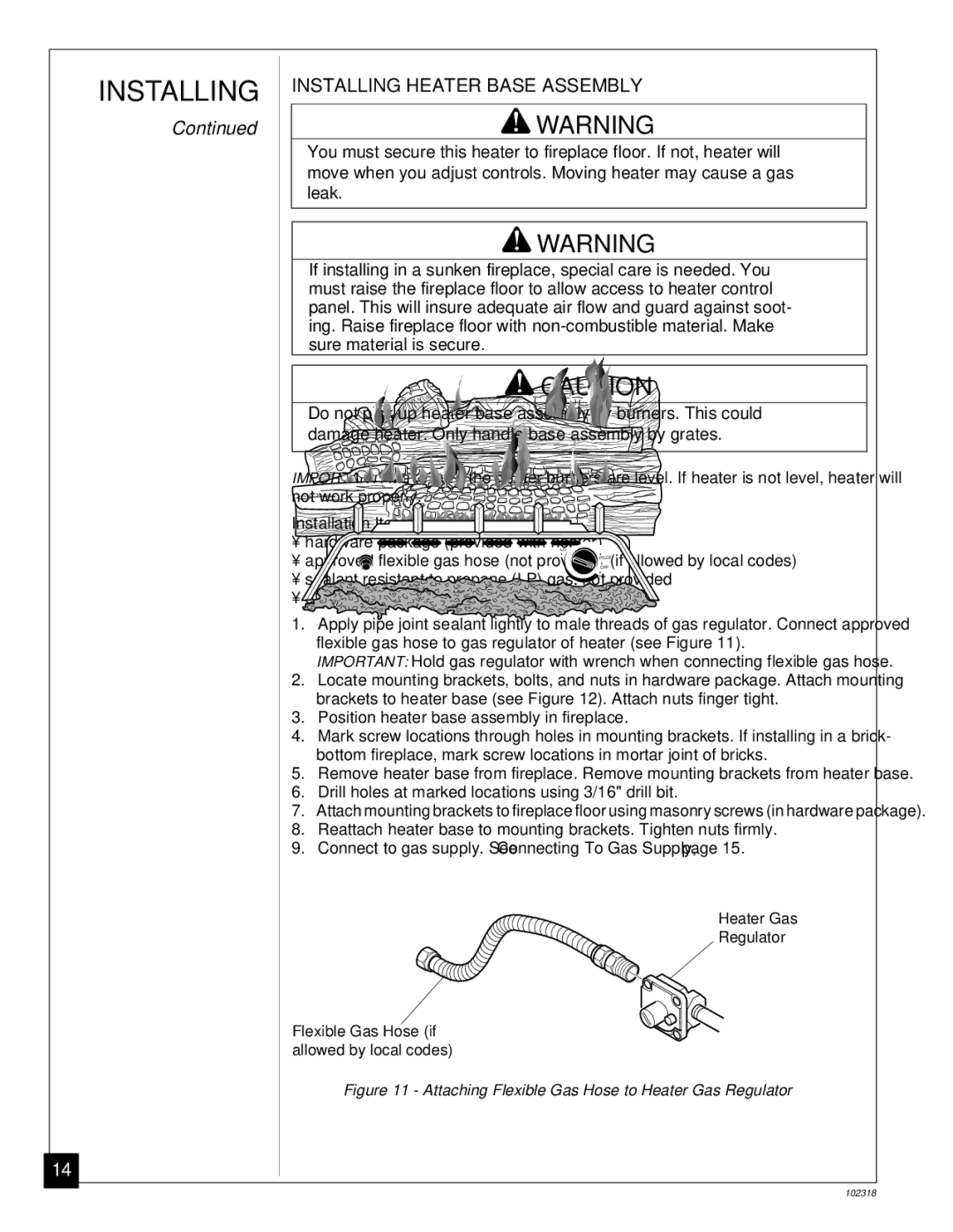 Desa PROPANE GAS LOG HEATER installation manual Installing Heater Base Assembly, Installation Items Needed 