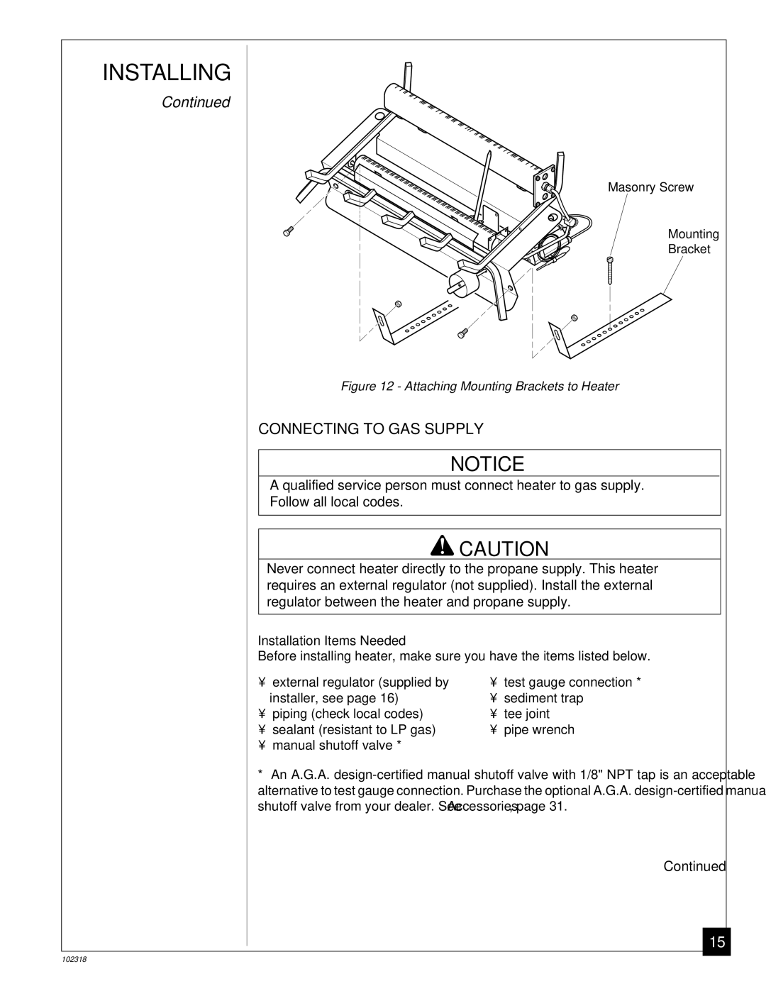 Desa PROPANE GAS LOG HEATER installation manual Connecting to GAS Supply, Attaching Mounting Brackets to Heater 