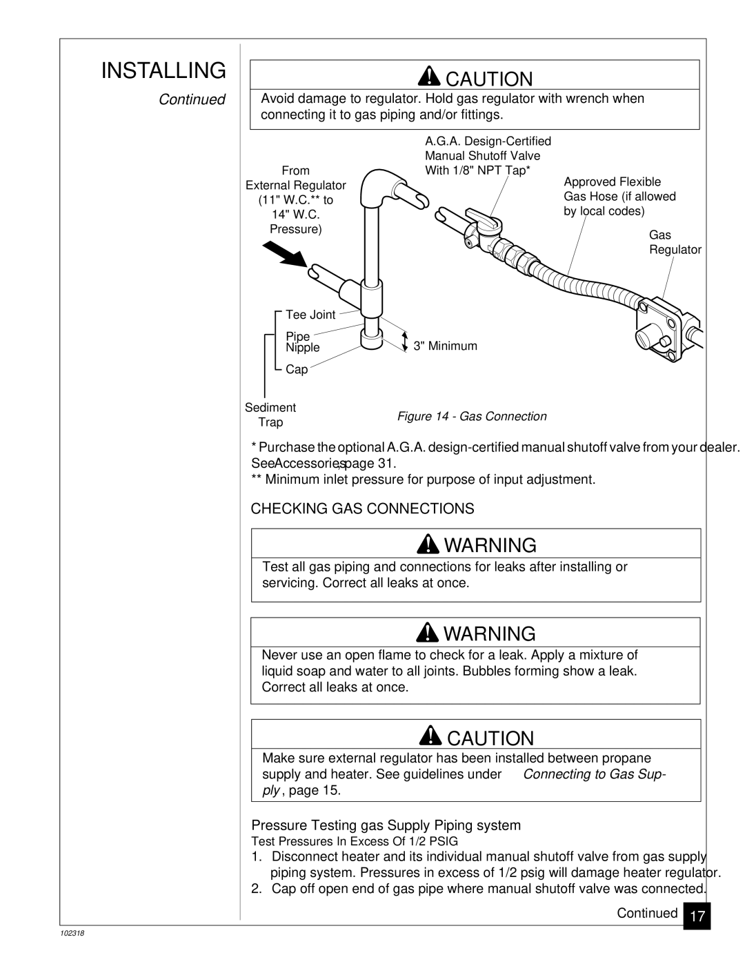 Desa PROPANE GAS LOG HEATER installation manual Checking GAS Connections, Pressure Testing gas Supply Piping system 