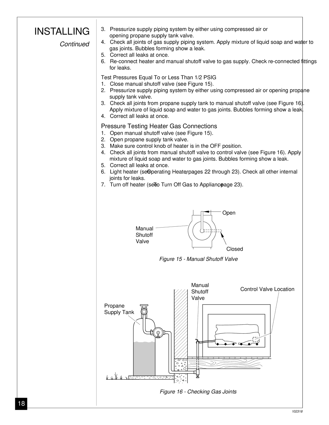 Desa PROPANE GAS LOG HEATER Pressure Testing Heater Gas Connections, Test Pressures Equal To or Less Than 1/2 Psig 