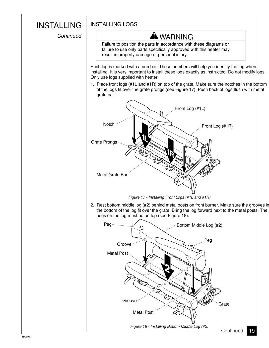 Desa PROPANE GAS LOG HEATER installation manual Installing Logs, Notch Front Log #1R Grate Prongs Metal Grate Bar 