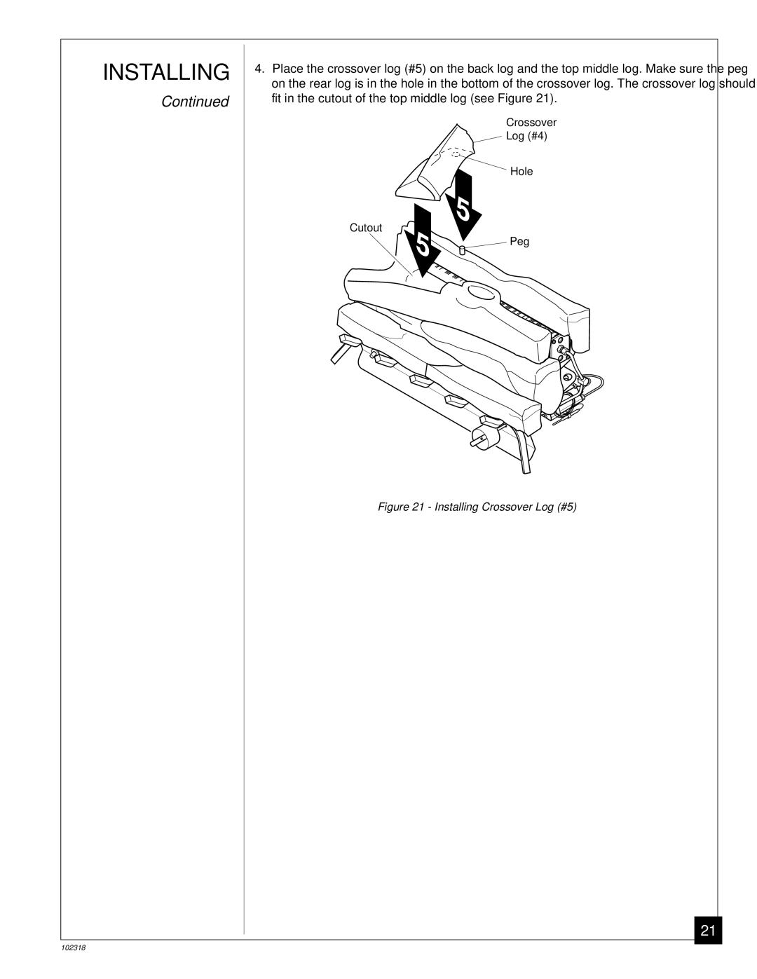 Desa PROPANE GAS LOG HEATER installation manual Installing Crossover Log #5 