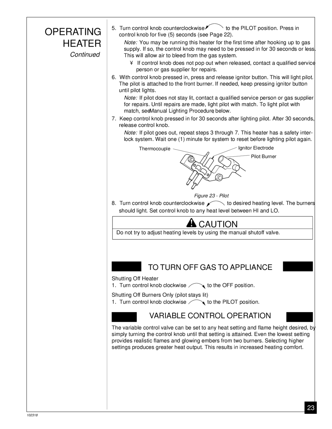 Desa PROPANE GAS LOG HEATER installation manual Operating Heater, To Turn OFF GAS to Appliance 