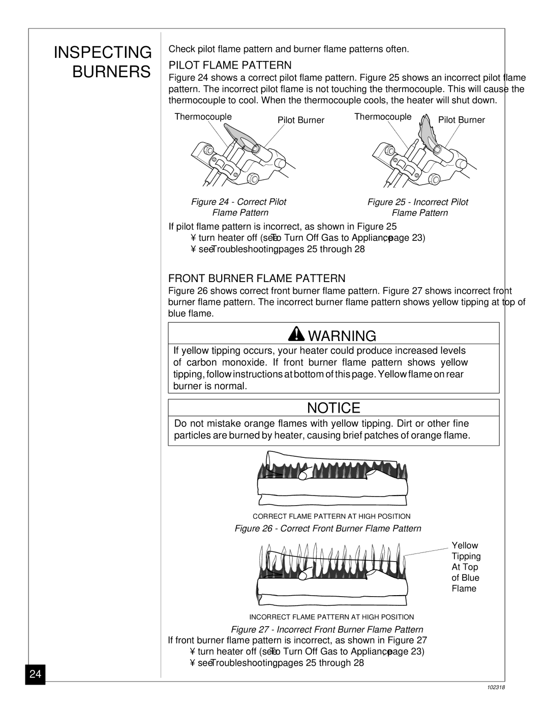 Desa PROPANE GAS LOG HEATER installation manual Inspecting Burners, Pilot Flame Pattern, Front Burner Flame Pattern 