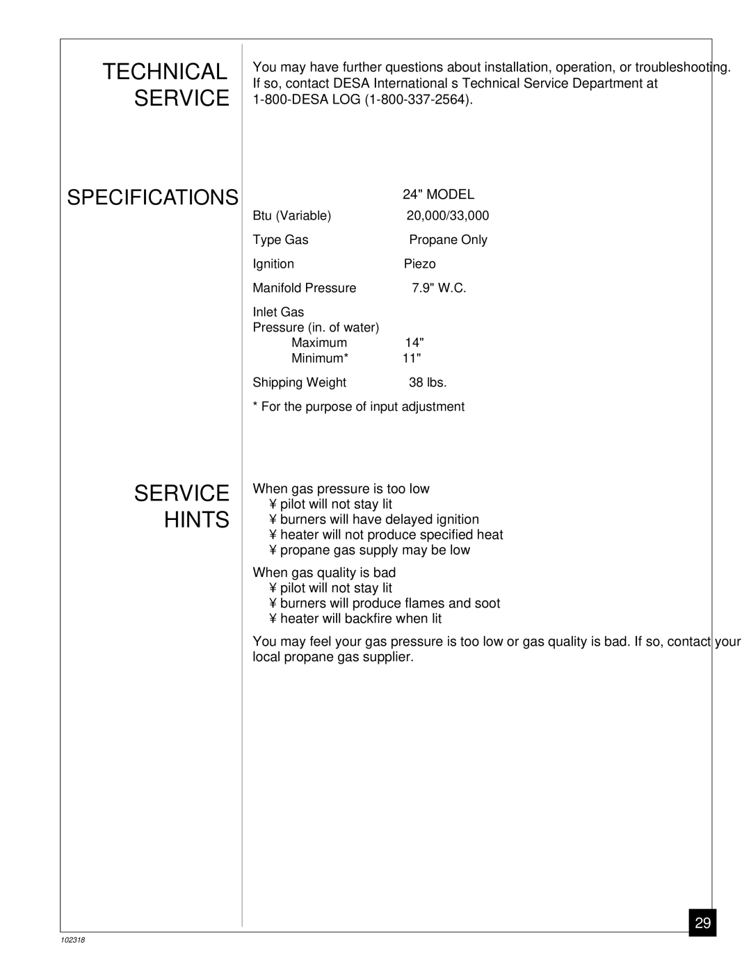 Desa PROPANE GAS LOG HEATER installation manual Technical Service, Service Hints 