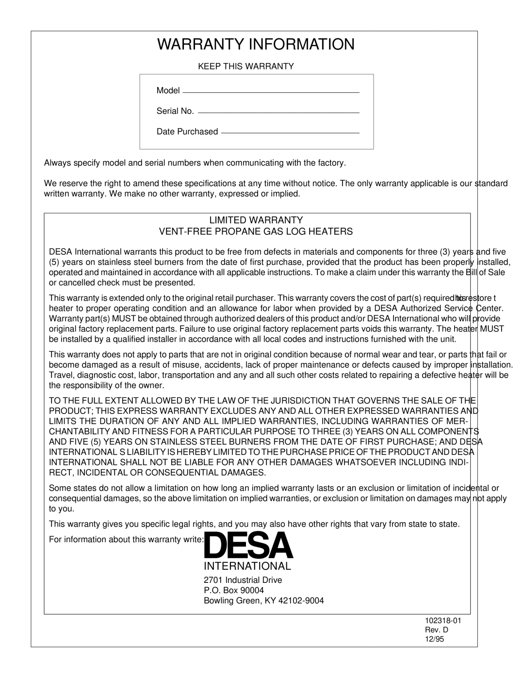 Desa PROPANE GAS LOG HEATER installation manual Warranty Information, Keep this Warranty 