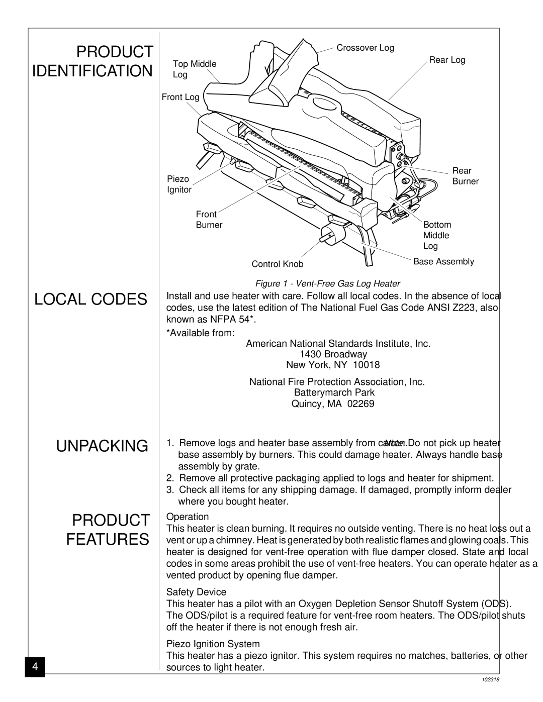 Desa PROPANE GAS LOG HEATER Local Codes Unpacking Product Features, Operation, Safety Device, Piezo Ignition System 