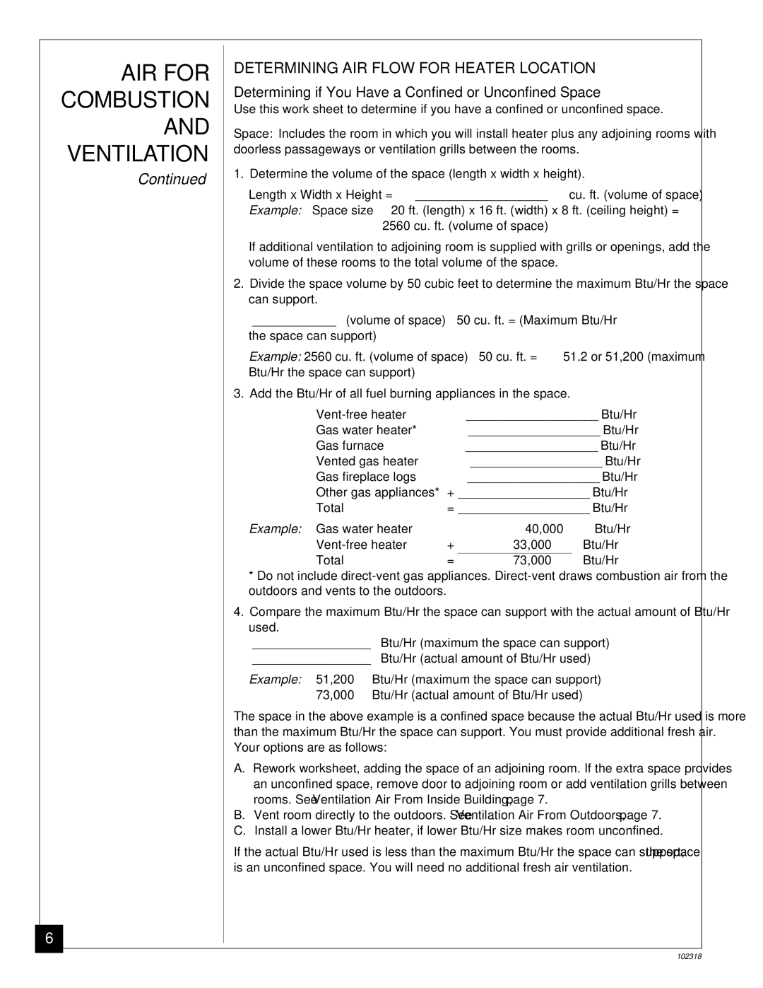 Desa PROPANE GAS LOG HEATER installation manual Determining AIR Flow for Heater Location 