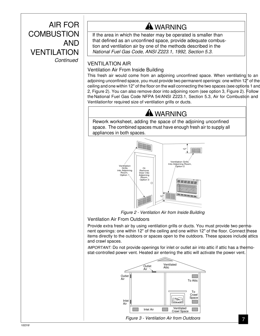 Desa PROPANE GAS LOG HEATER Ventilation AIR, Ventilation Air From Inside Building, Ventilation Air From Outdoors 