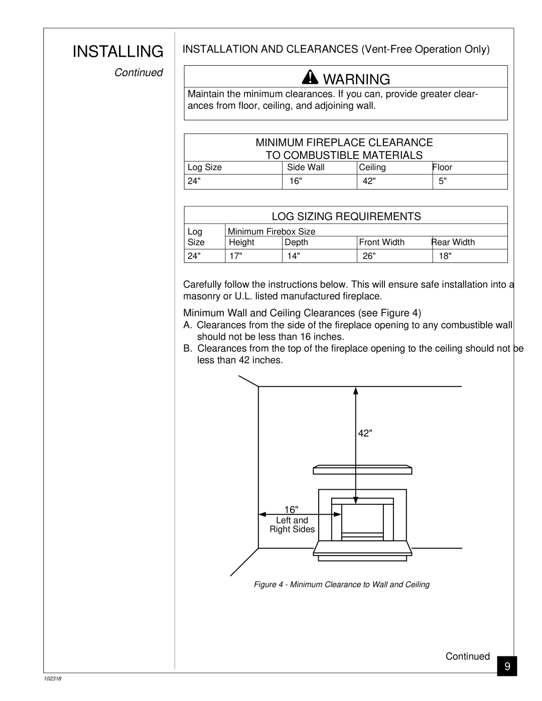 Desa PROPANE GAS LOG HEATER Minimum Fireplace Clearance To Combustible Materials, LOG Sizing Requirements 