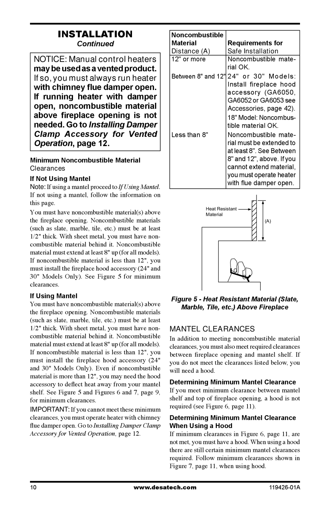 Desa VUL18, VUL24, VUL30, P)T Mantel Clearances, If Using Mantel, Material Requirements for Distance a Safe Installation 