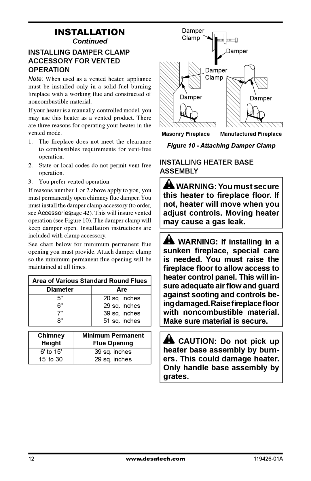 Desa P)T, P)R, HRB3624, HRB3930/3924 Installing Damper Clamp Accessory for Vented Operation, Installing Heater Base Assembly 