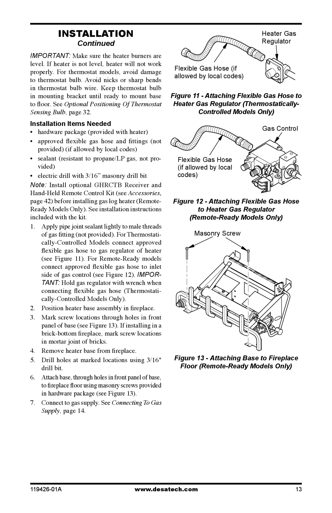 Desa P)R, P)T, HRB3624, HRB3930/3924 installation manual Installation Items Needed, Position heater base assembly in fireplace 