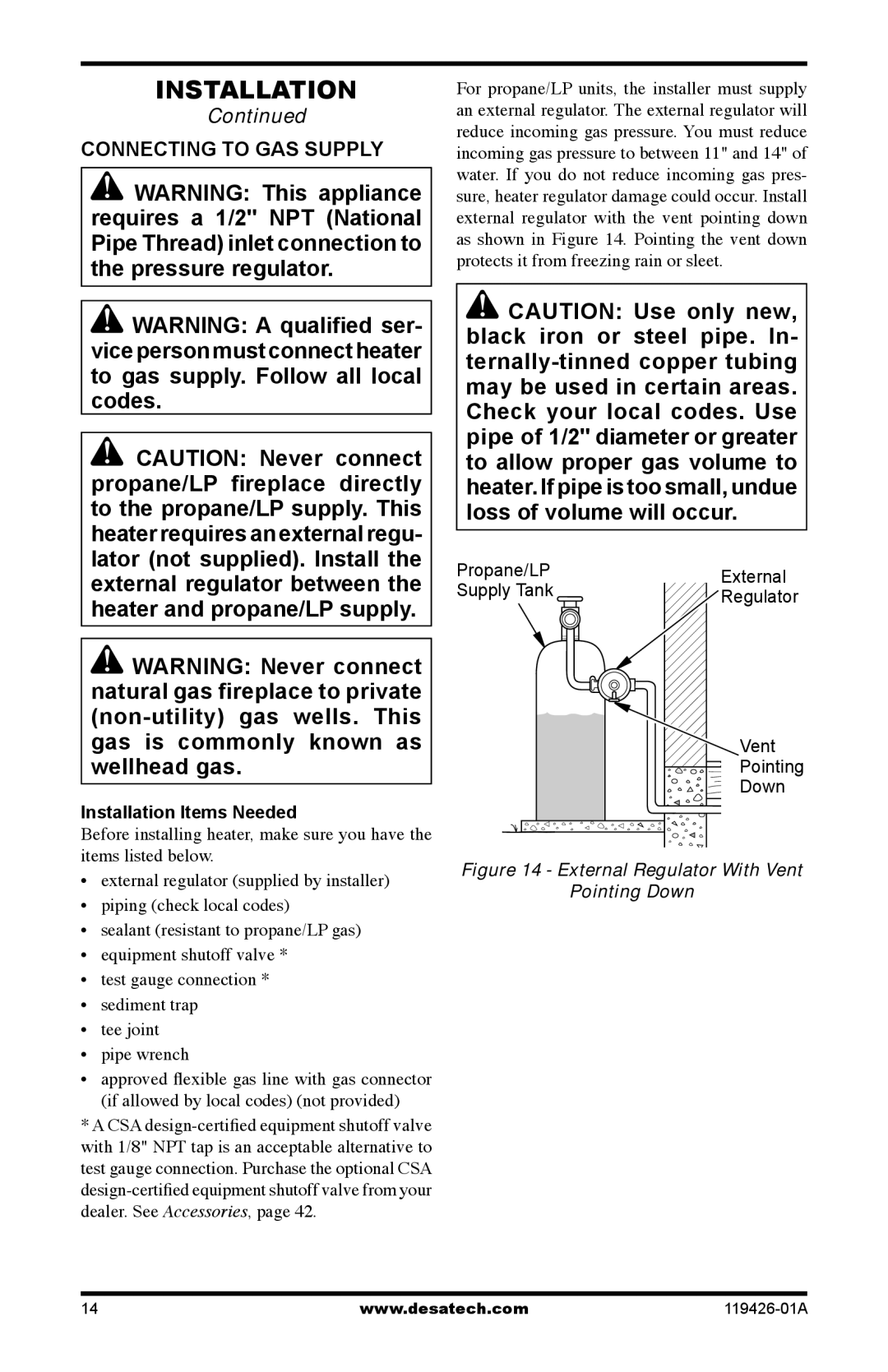 Desa HRB3624, P)T, P)R, HRB3930/3924 installation manual Connecting to GAS Supply, External Regulator With Vent Pointing Down 