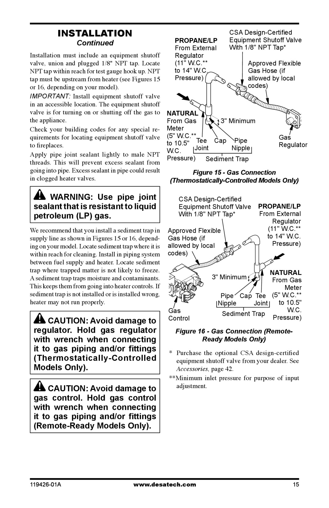 Desa HRB3930/3924, P)T, P)R, HRB3624 Propane/LP, Natural, Minimum inlet pressure for purpose of input adjustment 