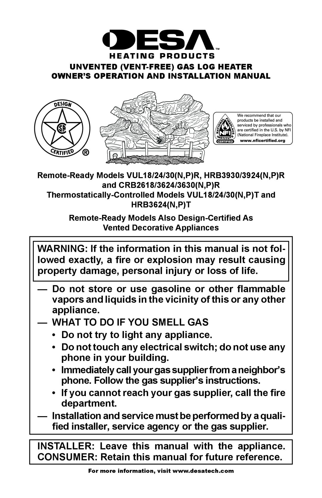 Desa P)R, P)T, HRB3624, HRB3930/3924, VUL18, VUL24, VUL30 installation manual What To Do If You Smell Gas 