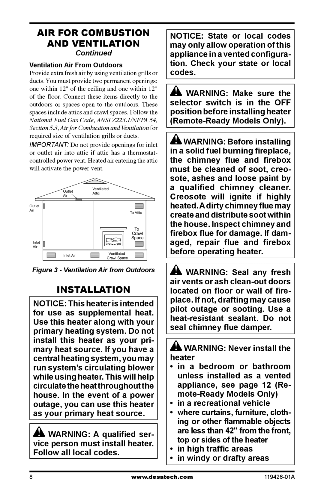 Desa HRB3624, P)T, P)R, HRB3930/3924, VUL18, VUL24, VUL30 installation manual Air For Combustion And Ventilation, Installation 