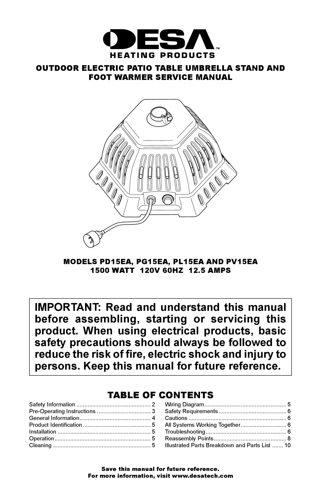 Desa PG15EA, PV15EA, PL15EA service manual Table of Contents 