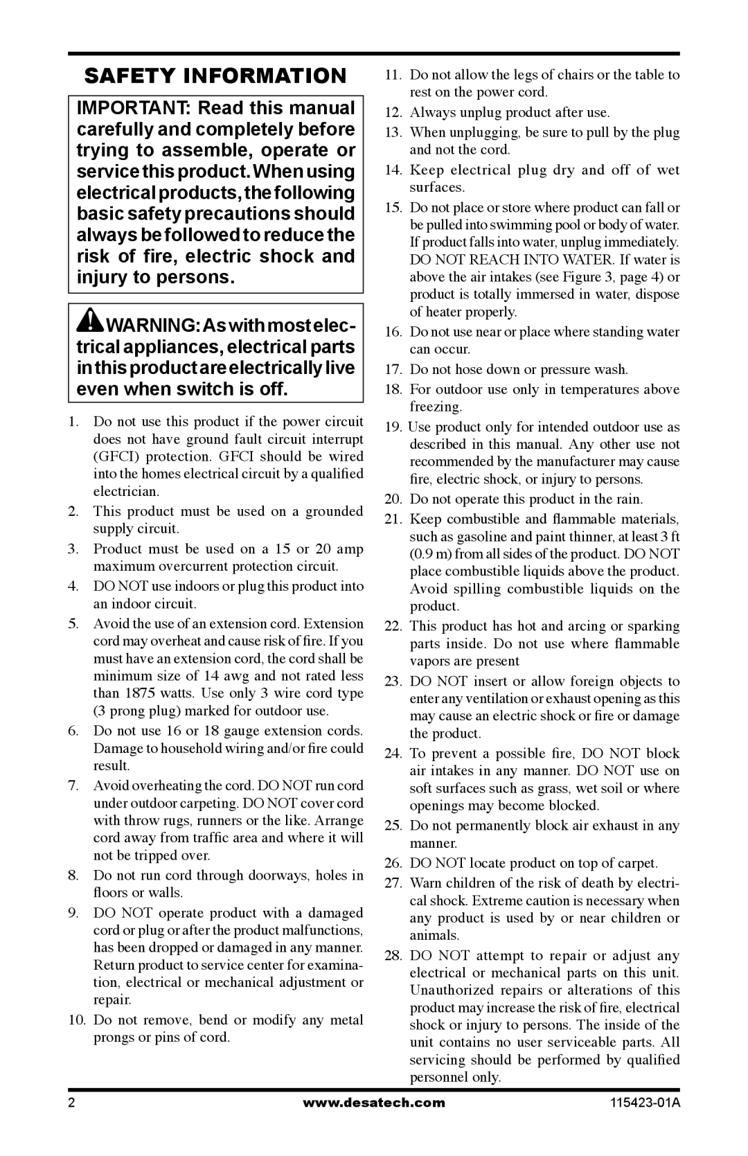 Desa PL15EA, PV15EA, PG15EA service manual Safety Information, Do not run cord through doorways, holes in ﬂoors or walls 