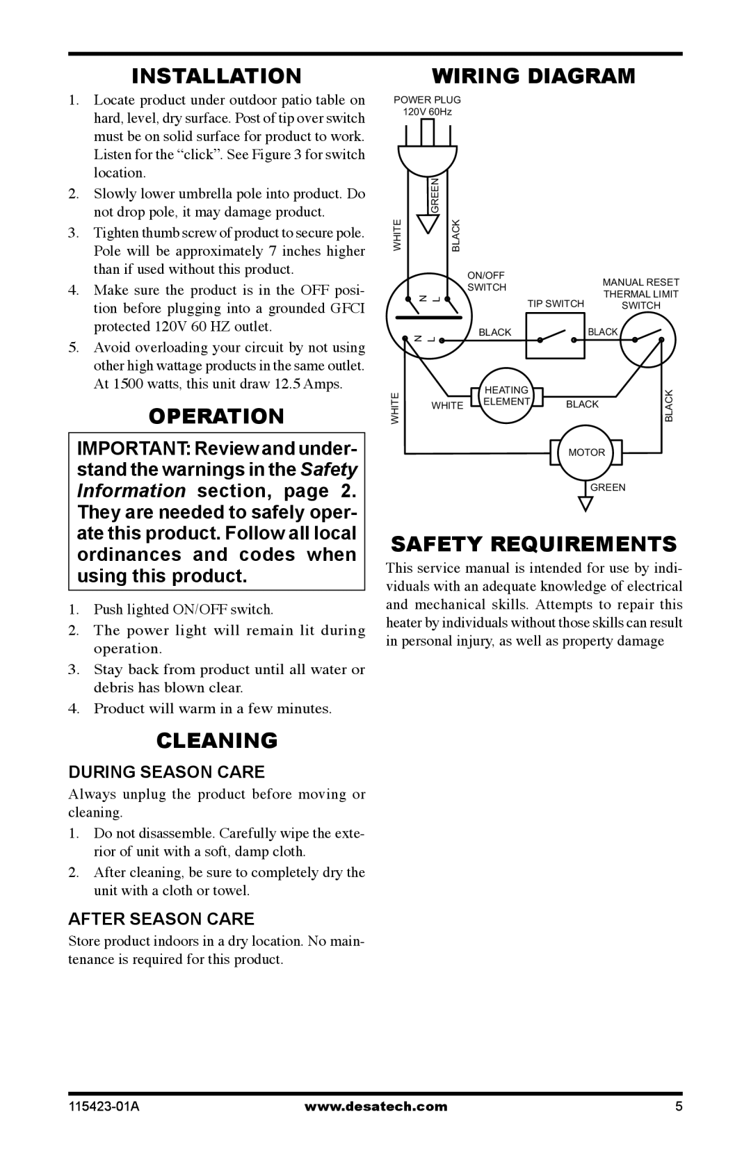 Desa PL15EA, PV15EA, PG15EA service manual Installation Wiring Diagram, Operation, Cleaning, Safety Requirements 