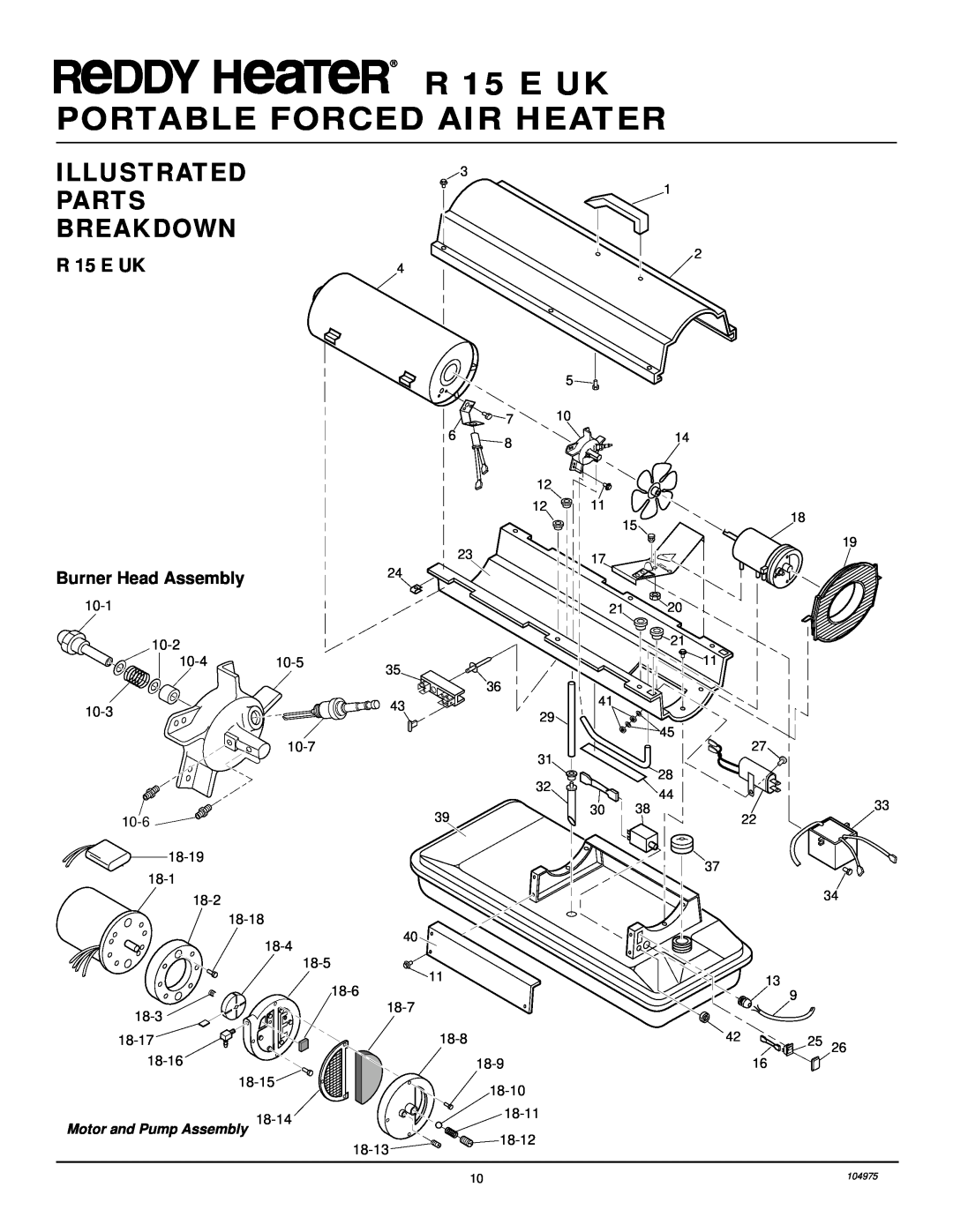 Desa owner manual Illustrated, Parts, Breakdown, R 15 E UK PORTABLE FORCED AIR HEATER, Motor and Pump Assembly 
