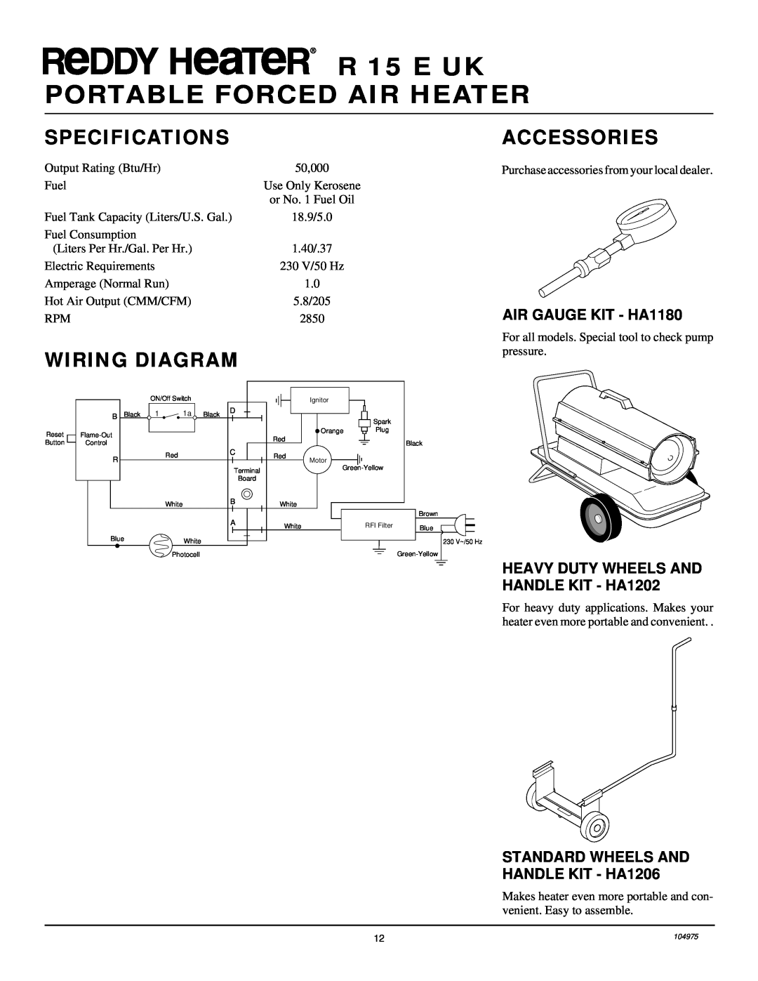 Desa Specifications, Wiring Diagram, Accessories, AIR GAUGE KIT - HA1180, R 15 E UK PORTABLE FORCED AIR HEATER 