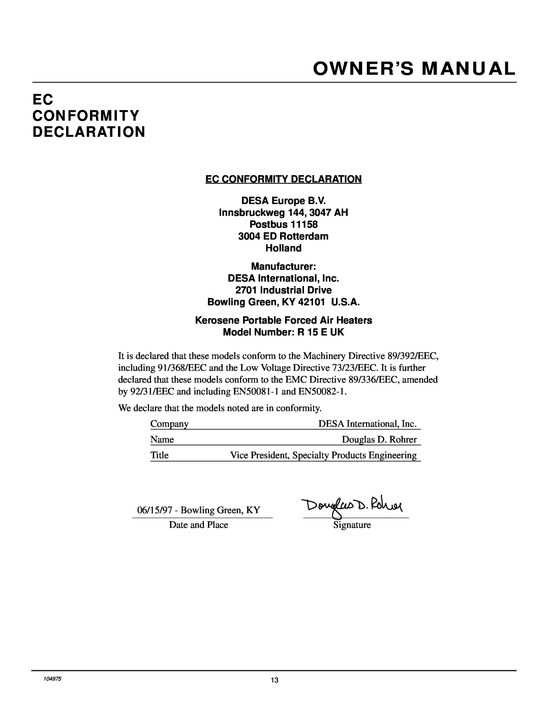 Desa R 15 E UK owner manual Ec Conformity Declaration 
