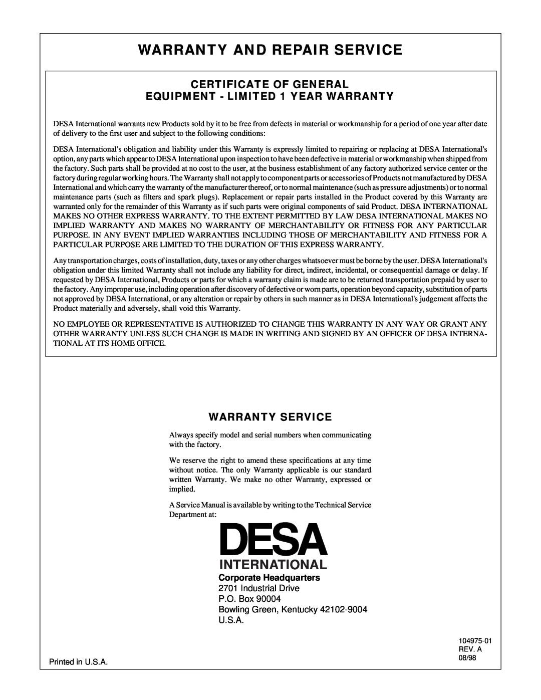 Desa R 15 E UK Warranty And Repair Service, Certificate Of General, EQUIPMENT - LIMITED 1 YEAR WARRANTY, Warranty Service 