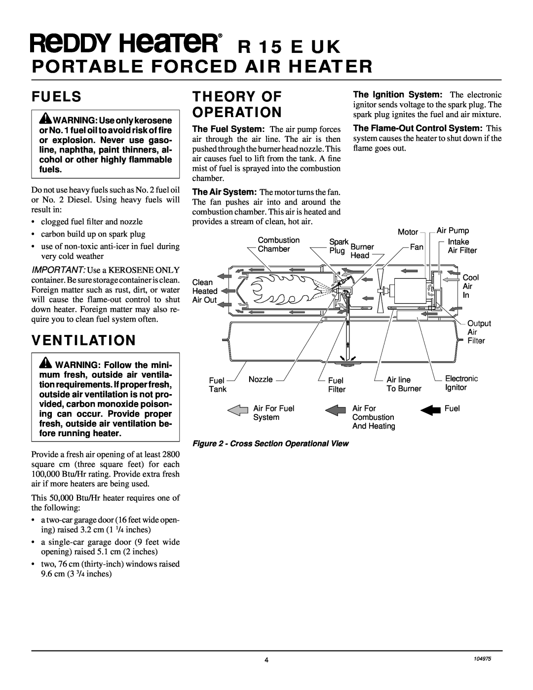 Desa owner manual Fuels, Theory Of Operation, Ventilation, R 15 E UK PORTABLE FORCED AIR HEATER 