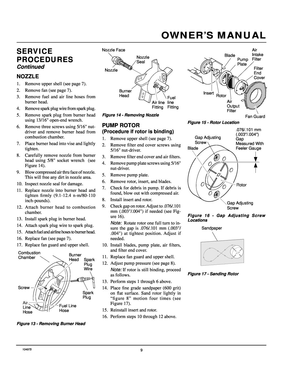 Desa R 15 E UK owner manual Nozzle, Pump Rotor, Service Procedures, Continued 
