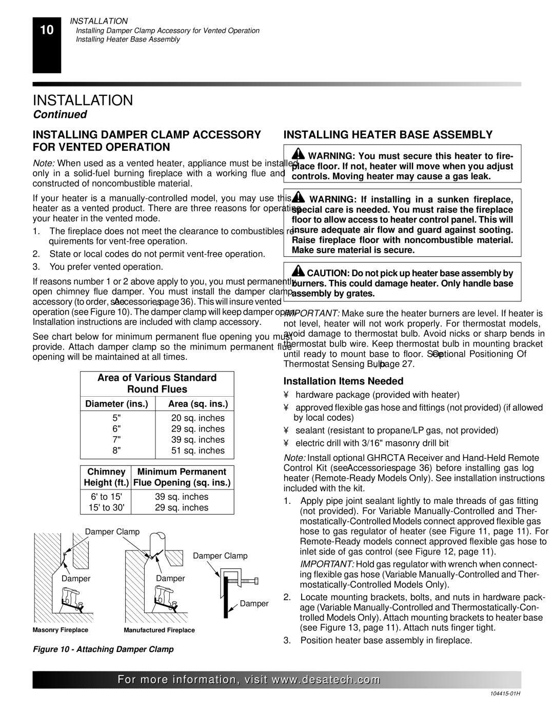 Desa R Installing Damper Clamp Accessory for Vented Operation, Installing Heater Base Assembly, Installation Items Needed 