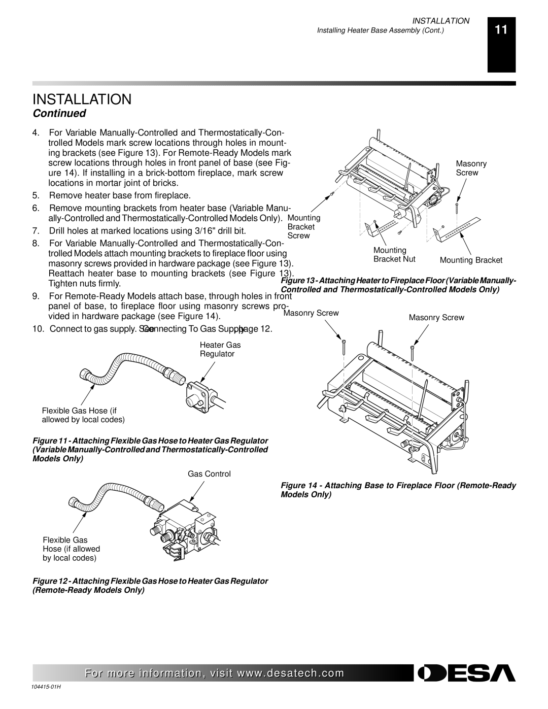 Desa installation manual Attaching Base to Fireplace Floor Remote-Ready Models Only 