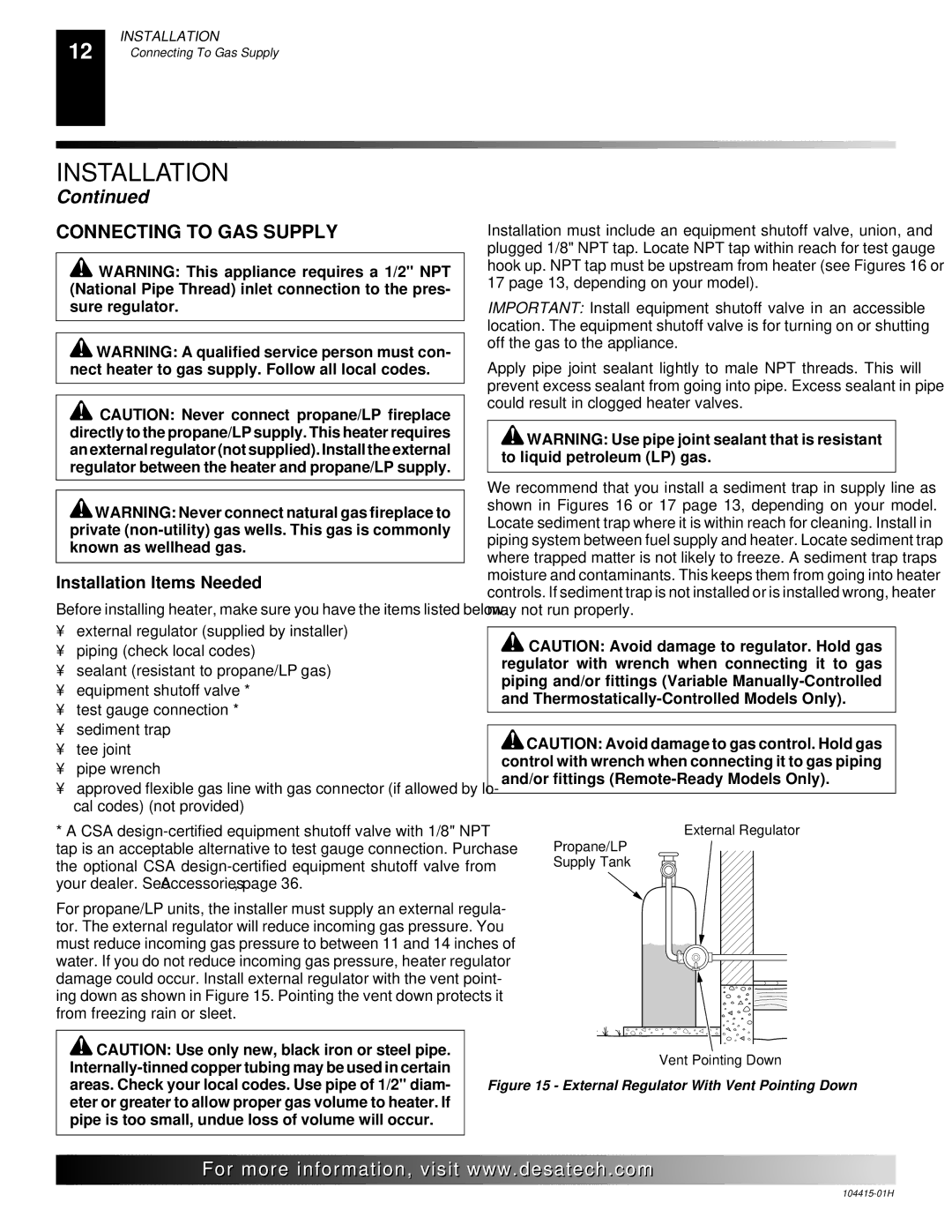 Desa installation manual Connecting to GAS Supply, External Regulator With Vent Pointing Down 