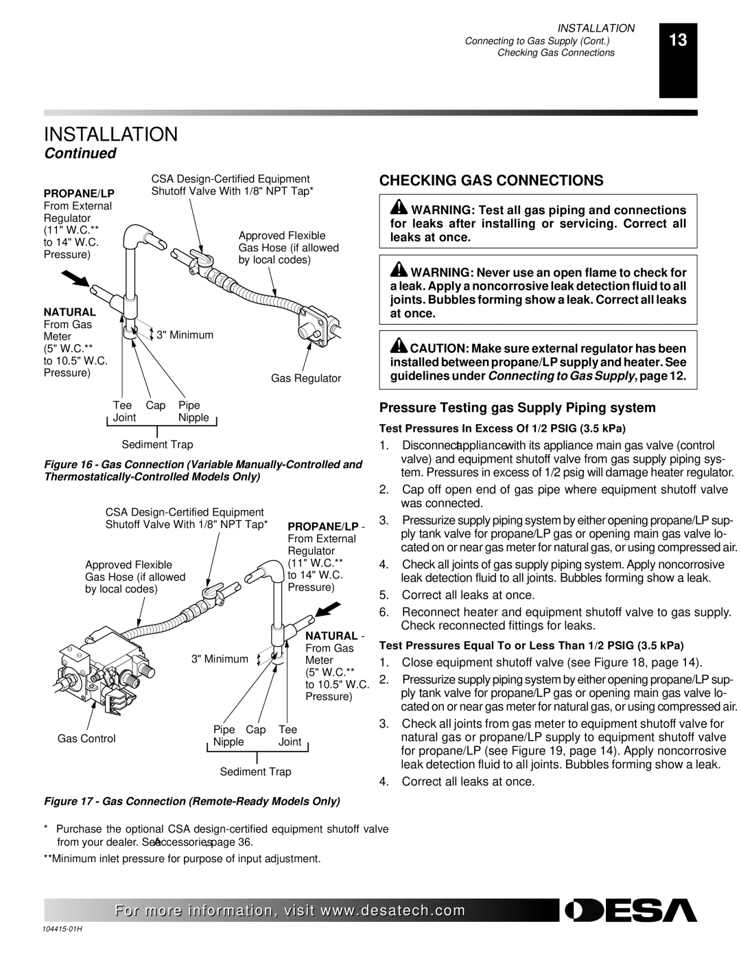 Desa R installation manual Checking GAS Connections, Pressure Testing gas Supply Piping system 