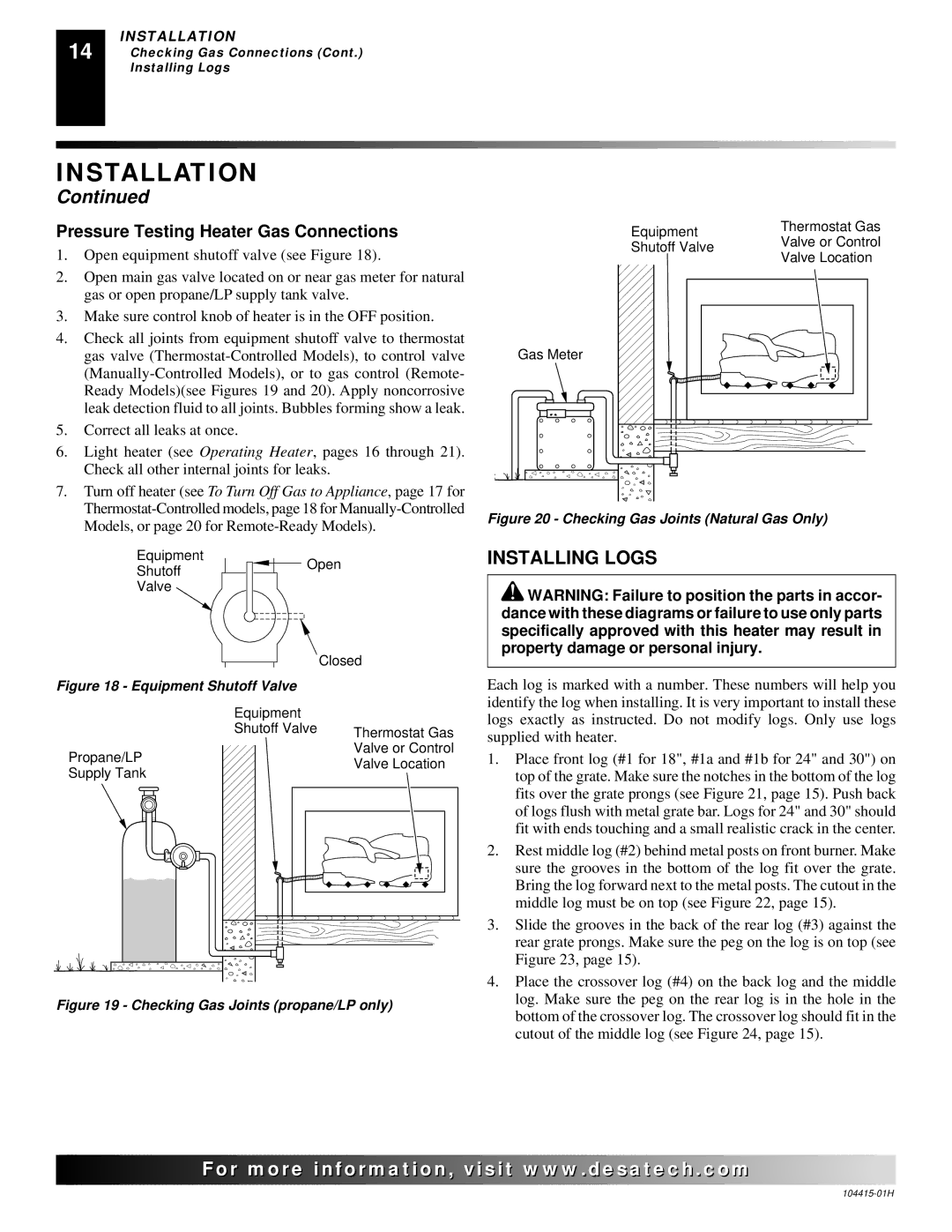 Desa R installation manual Installing Logs, Pressure Testing Heater Gas Connections 