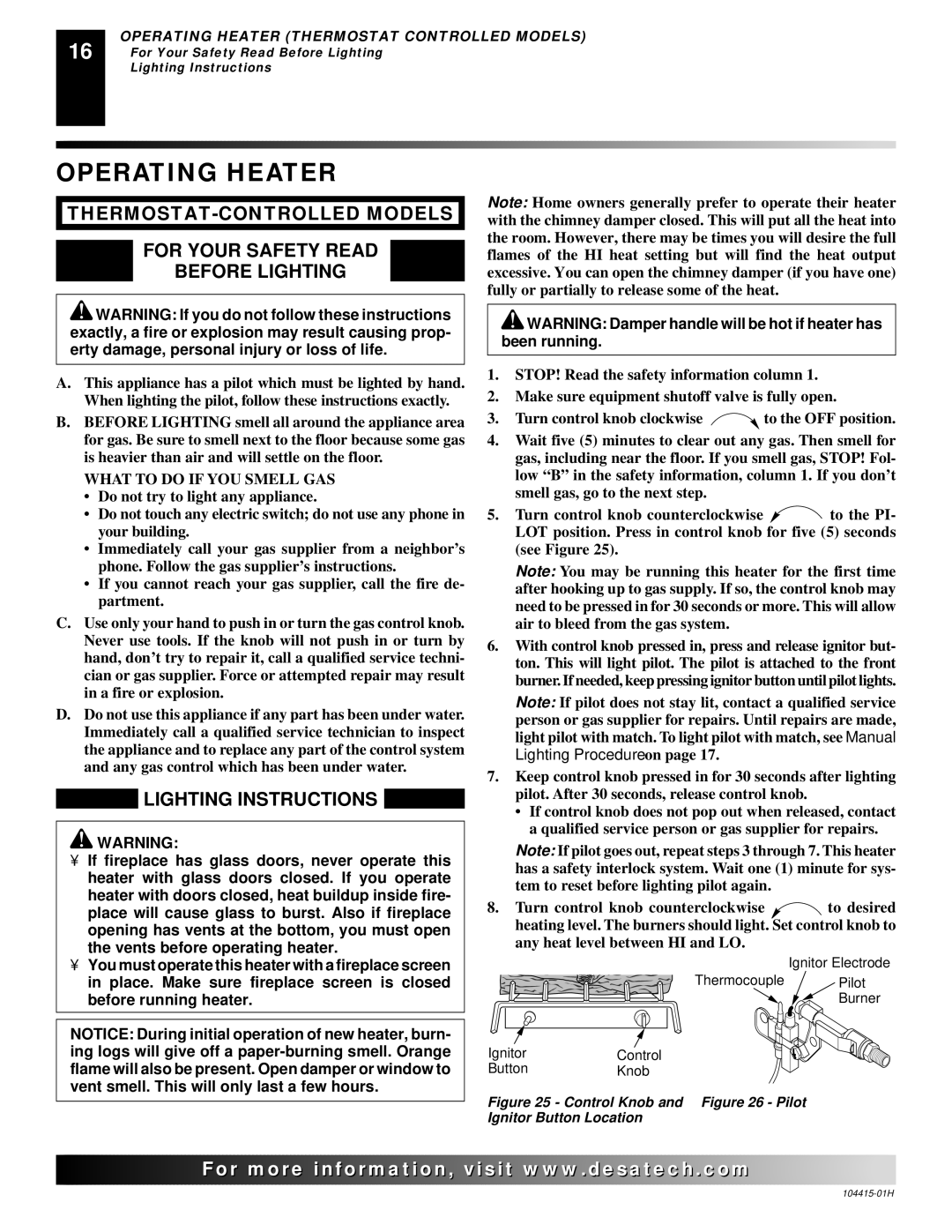 Desa R installation manual Operating Heater, Lighting Instructions 