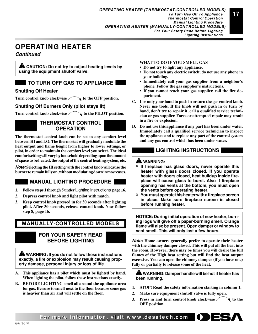 Desa R To Turn OFF GAS to Appliance, Thermostat Control Operation, Manual Lighting Procedure, Shutting Off Heater 