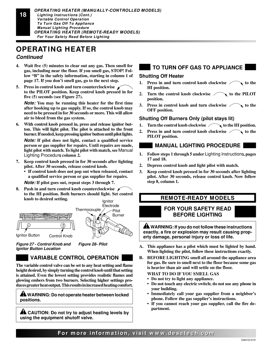 Desa installation manual Variable Control Operation, REMOTE-READY Models For Your Safety Read Before Lighting 