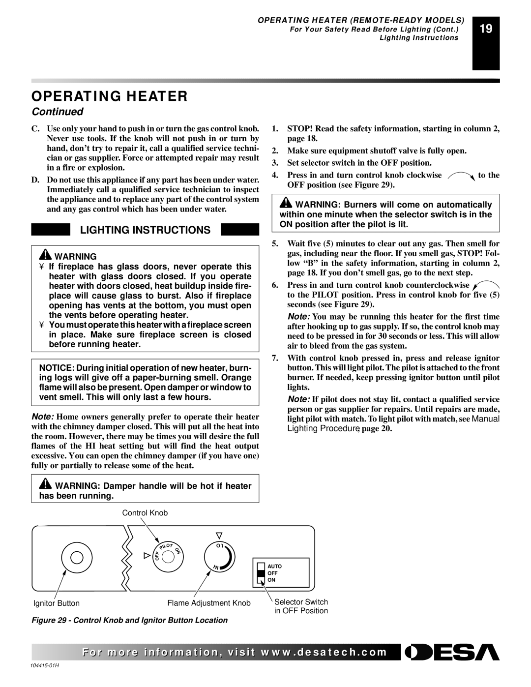 Desa R installation manual Control Knob and Ignitor Button Location 