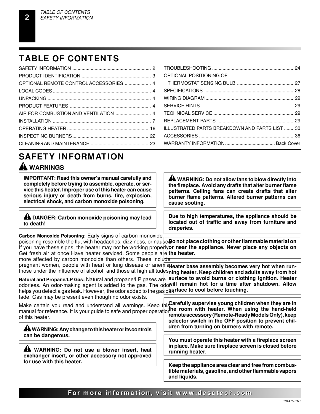 Desa R installation manual Table of Contents, Safety Information 