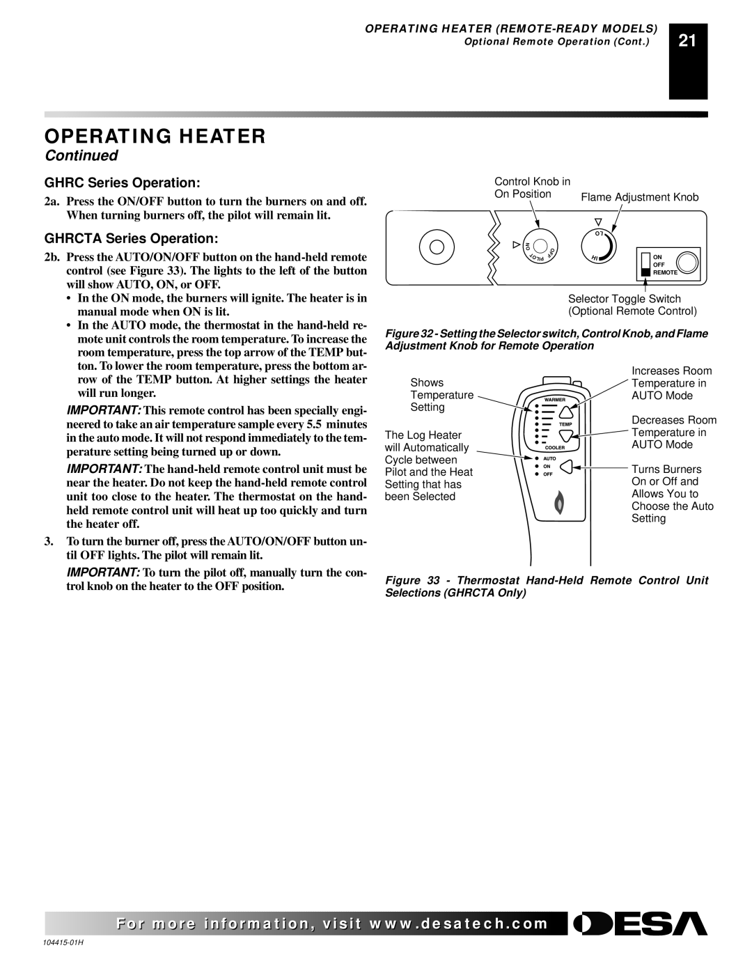 Desa R installation manual Ghrc Series Operation, Ghrcta Series Operation 