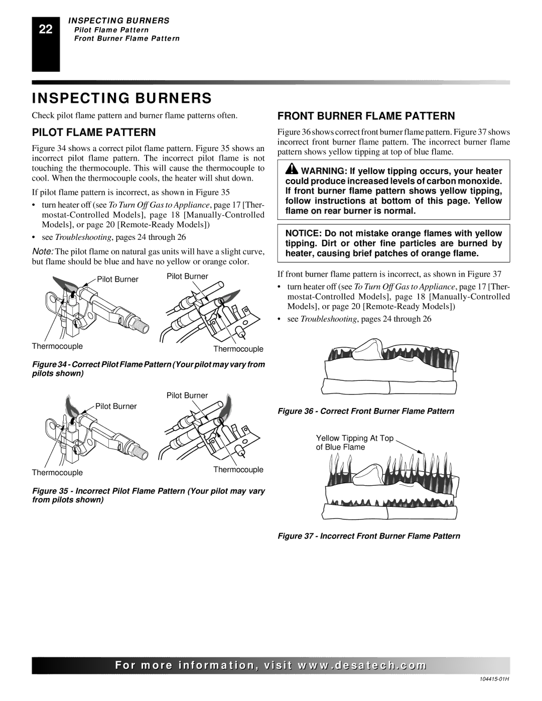 Desa R installation manual Inspecting Burners, Pilot Flame Pattern, Front Burner Flame Pattern 