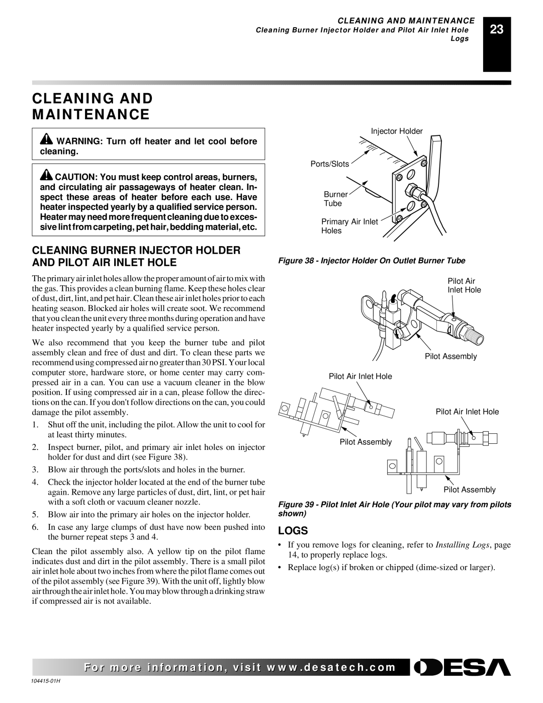 Desa installation manual Cleaning Maintenance, Cleaning Burner Injector Holder and Pilot AIR Inlet Hole, Logs 