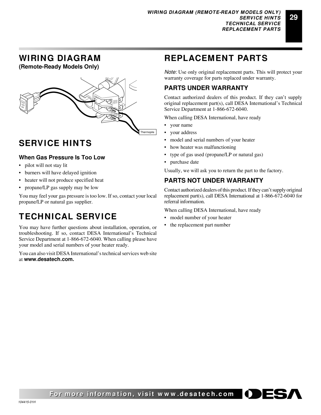 Desa Wiring Diagram Replacement Parts, Service Hints, Technical Service, Parts Under Warranty, Parts not Under Warranty 