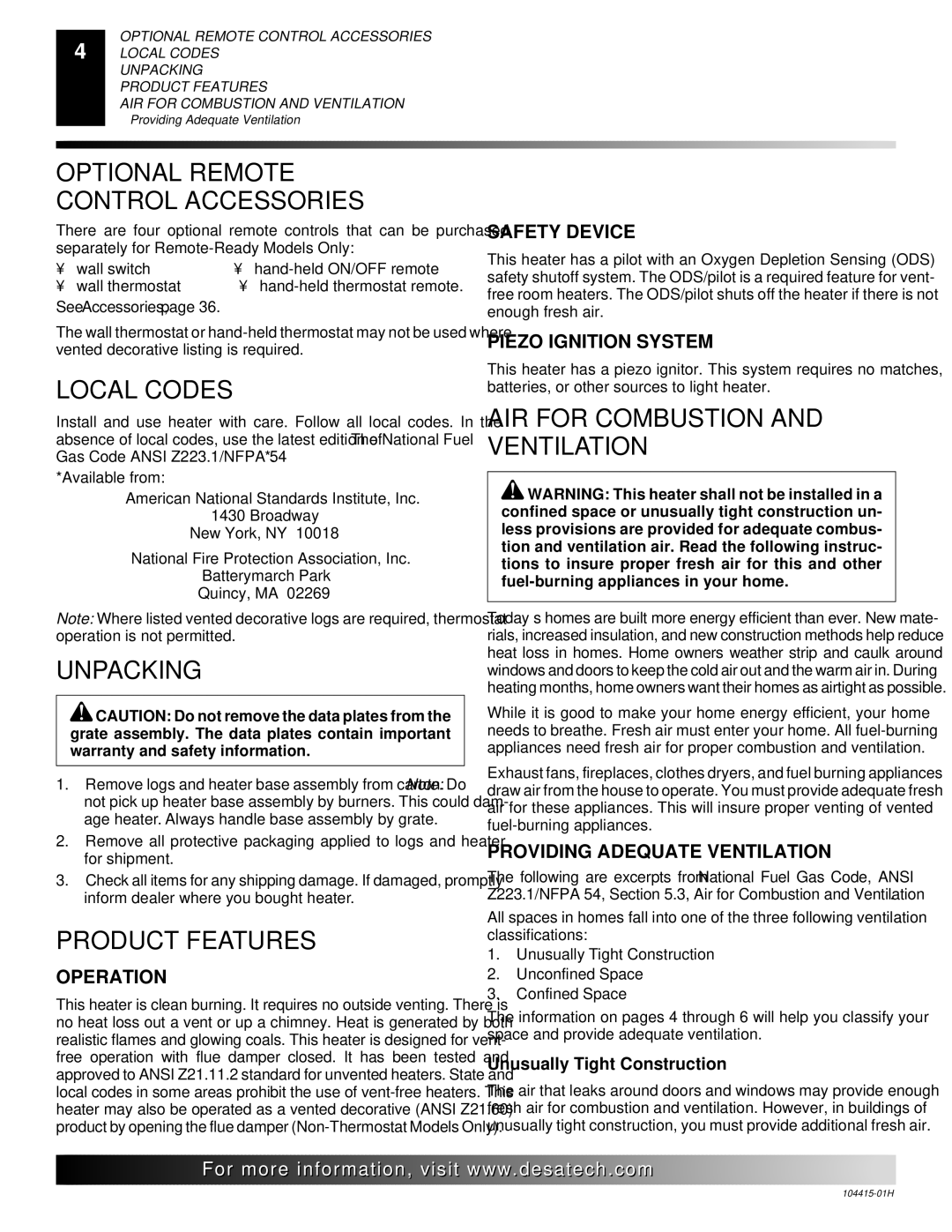 Desa Optional Remote Control Accessories, Local Codes, Unpacking, Product Features, AIR for Combustion and Ventilation 