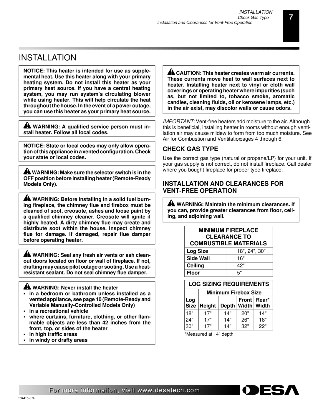 Desa installation manual Check GAS Type, Installation and Clearances for VENT-FREE Operation 