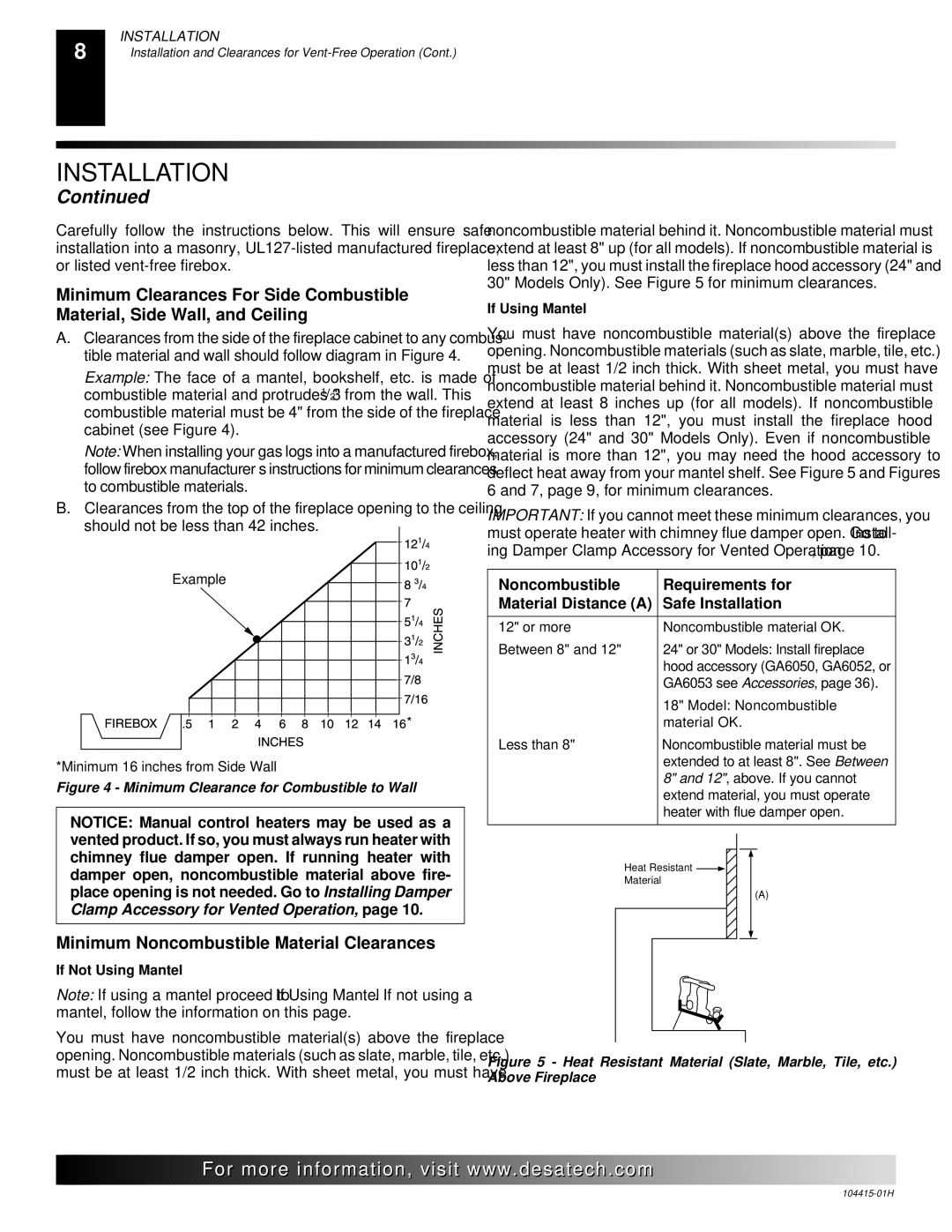 Desa R installation manual Minimum Noncombustible Material Clearances, If Not Using Mantel 