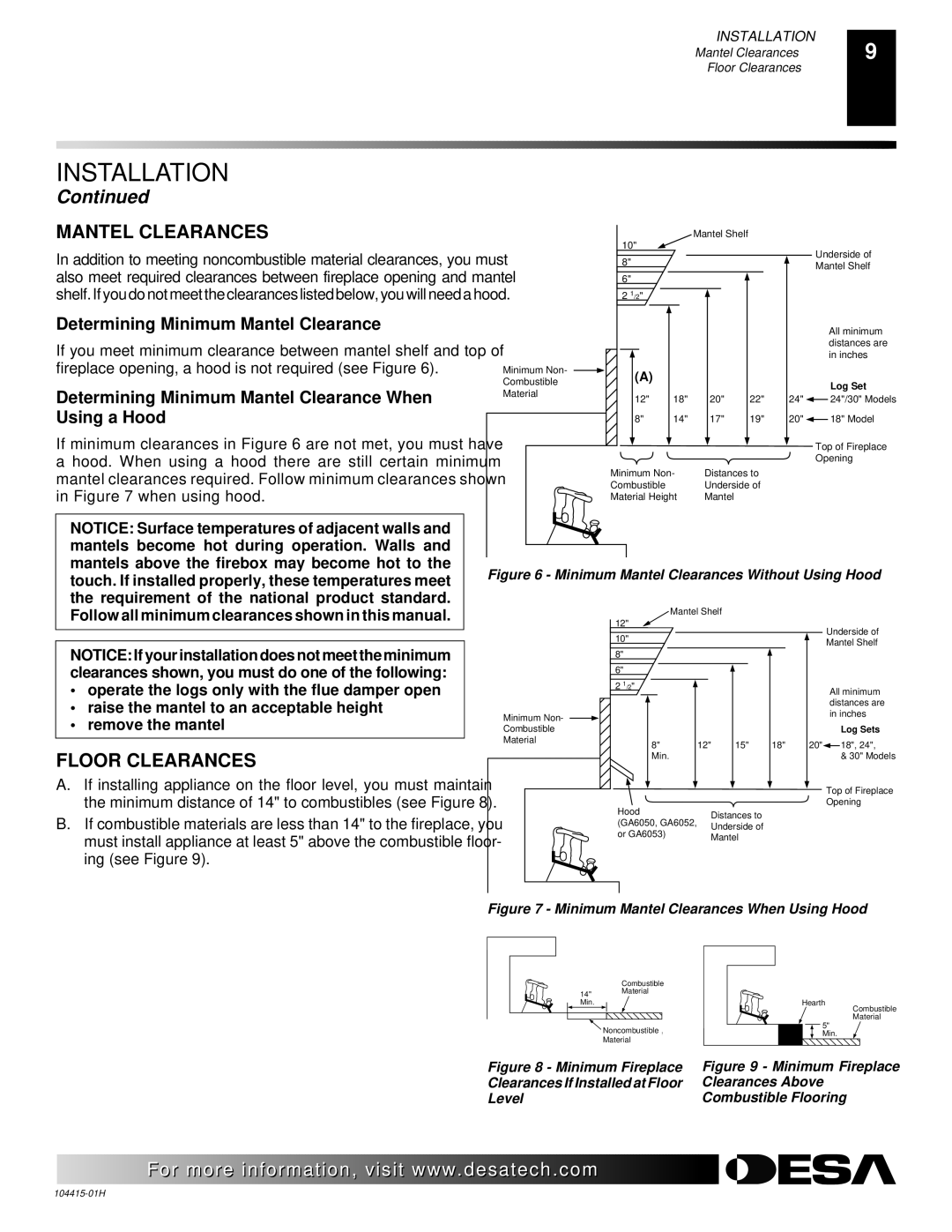 Desa R installation manual Mantel Clearances, Floor Clearances, Determining Minimum Mantel Clearance 