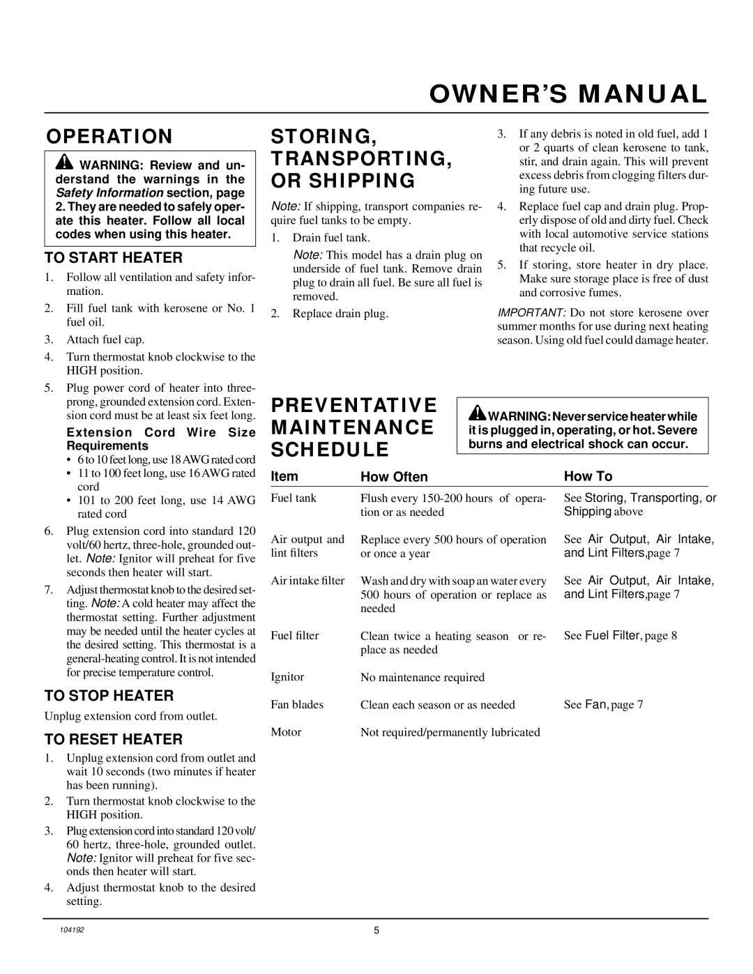 Desa B110BT, R110BT, REM110BT owner manual Storing TRANSPORTING, or Shipping, Preventative Maintenance, Schedule 