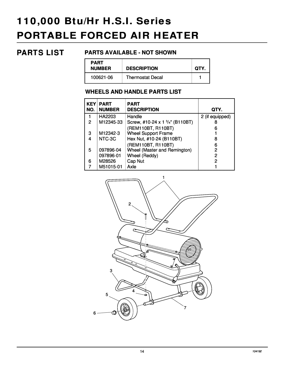 Desa B110BT Parts Available - Not Shown, Wheels And Handle Parts List, Number, Description, 100621-06, Thermostat Decal 